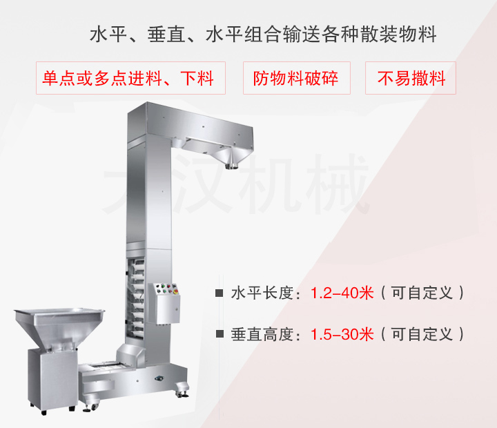 Z型斗式提升機主要用于水平、垂直、水平組合輸送散裝物料，不易撒料、物料破損率低、能單點或多點下料